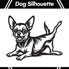 Black and white illustration of a Chihuahua dog silhouette, lying down with a happy expression.