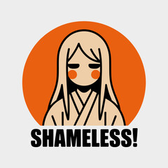 Shameless anime girl sticker isolated on white background featuring a cartoon character with long hair and blushing cheeks with the word shameless in bold lettering