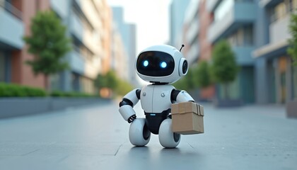 Futuristic robot carries package on city street. Autonomous delivery bot utilizes AI for efficient urban logistics. Modern technology in transportation and automation.