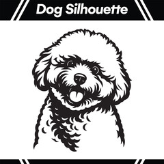 A detailed black and white silhouette illustration of a happy poodle dog's face.