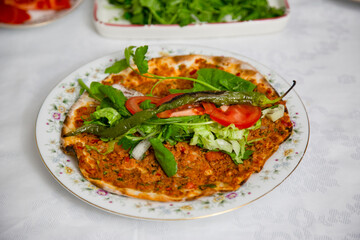 Traditional turkish lahmacun pita with ground beef
