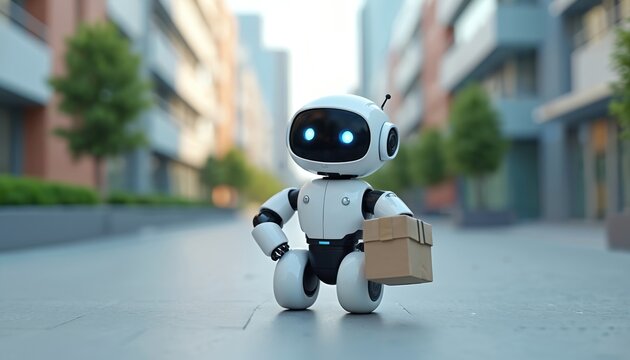 Futuristic robot carries package on city street. Autonomous delivery bot utilizes AI for efficient urban logistics. Modern technology in transportation and automation.