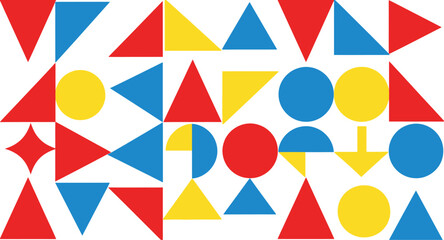 Obraz premium Dynamic abstract geometric pattern featuring an assortment of primary colored shapes like triangles, circles, and squares, creating a vibrant and modern design background.