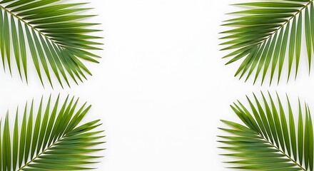 Fototapeta premium Tropical Palm Leaves Create A Symmetrical Frame On A Clean And Bright White Background With Ample Copy Space, Summer Vacation, Tropical Concept, Spa And Wellness.