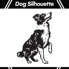 Black and white silhouette of a dog sitting and looking up.