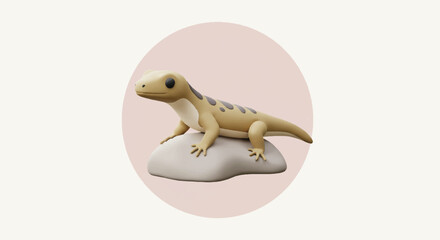 3D Rendered Lizard with Dark Spots Perched on Stone Cartoon Style.