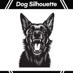 Black and white dog silhouette with detailed fur, open mouth, and sharp teeth, a fierce expression.