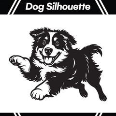 A black and white silhouette of a happy, energetic dog running with its tongue out and ears flopping.