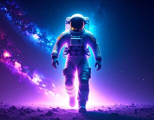 Astronaut in space suit walks on otherworldly terrain illuminated by vibrant neon colors