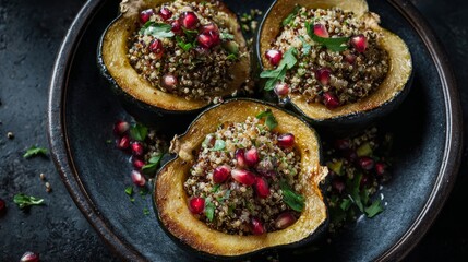 Stuffed acorn squash with quinoa and pomegranate seeds