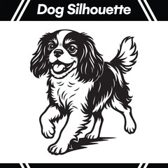 A black and white line art illustration of a happy Cavalier King Charles Spaniel dog walking forward.