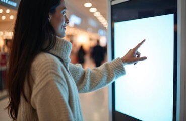 Woman in turtleneck sweater uses touchscreen display in bright shopping mall. Interacts with digital interface, touching screen with finger. Public place offers modern technology for information