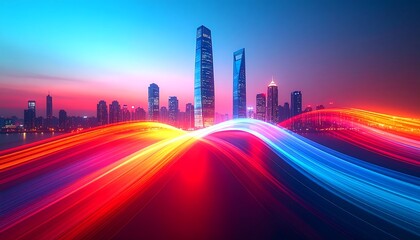 Obraz premium Vibrant cityscape at dawn with motion blur