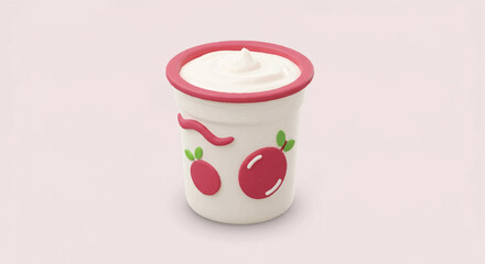 Cartoon Yogurt Cup with Strawberry Decorations and Creamy Texture.