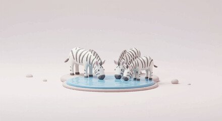 Cartoon Zebras Drinking Water from a Small Round Pond.