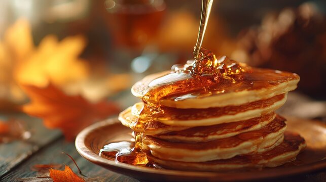Golden maple syrup drizzling over stack of pancakes