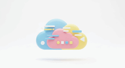 Colorful 3D Cloud Icon with Data Elements and Shapes.