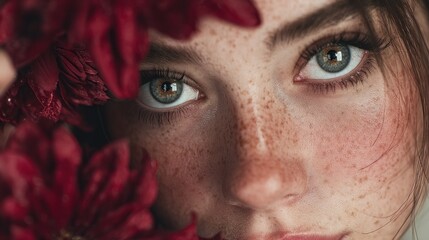 Naklejka premium Close-up portrait of a young woman with freckles, partially hidden behind dark red flowers