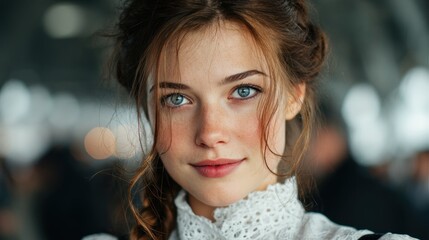 Obraz premium Portrait of a Young Woman with Freckles and Blue Eyes Wearing a White Lace Collar