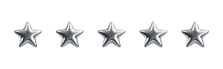 Glossy 3D Render Silver Star Rating Set. Five Metallic Feedback Stars Isolated on Transparent Background. Ranking and Review Icon.