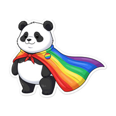 A charming cartoon panda bear with a rainbow pride cape, isolated on white background, symbolizing love, acceptance, and support for the lgbtq community in a cute and cheerful way