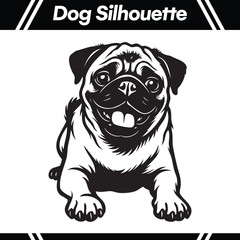 A black and white silhouette of a happy, smiling pug dog lying down.