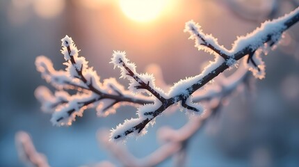 Close up of a tree branch covered with snow, showcasing details of winter season, natural textures, cold weather, and outdoor plant life in frosty environment