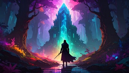 Fototapeta premium 빛기둥 앞 판타지 수호자 Fantasy Guardian Before the Light Beam