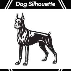 Elegant black and white silhouette of a Doberman Pinscher dog standing proudly.