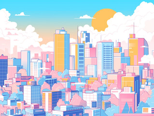 高層ビルと都市の風景をピンク、黄色、ライトブルーの淡いトーンで表現した1980年代風カートゥーンスタイルの素材イラスト。太陽と雲が浮かぶ空を背景に、シンプルな線画が際立ち、余白を活かしたデザインは抽象的で多用途に使えるポップなアート作品。