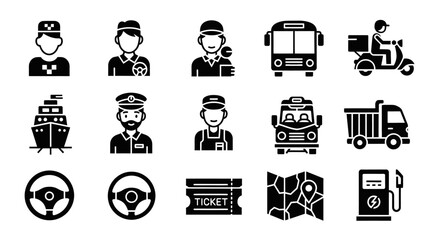 A comprehensive set of black silhouette icons for transportation, including vehicles, personnel, and travel items.
