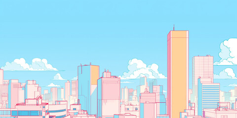 レトロでポップな1980年代風のカートゥーンスタイル都市風景イラスト。ピンク、黄色、ライトブルーなど柔らかな色彩で描かれた高層ビル群と太陽、雲が印象的。ベクター素材として活用可能で、線画のシンプルなタッチが余白を生かし、抽象的でおしゃれなデザイン背景にも使えるイラストレーション。