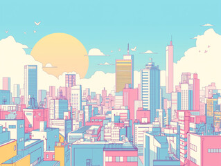 Obraz premium 紫と水色を主体にした淡い色彩で描かれた高層ビルと都市の景観が印象的な1980年代風レトロポップイラスト。太陽と雲の組み合わせが空の広がりを演出し、素材として背景やポスター、広告などにも利用可能な抽象的かつシンプルな線画調アート作品。
