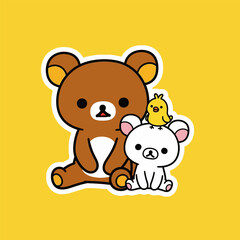 Cute cartoon illustration of rilakkuma bear, korilakkuma bear, and a yellow chick sitting together, isolated on a yellow background, perfect for childrens designs