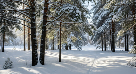A serene winter wonderland unfolds as sunlight filters through snow-laden pine trees creating long, dancing shadows across the pristine, untouched blanket of white, revealing the quiet grandeur of