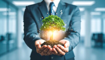 Businessman holding a virtual tree with financial data