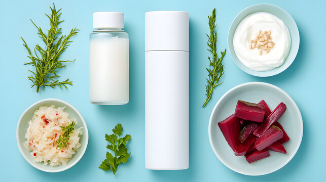 Flat lay of fermented foods and skincare products on blue background, featuring sauerkraut, beetroot, yogurt, and herbs, creating fresh and natural vibe