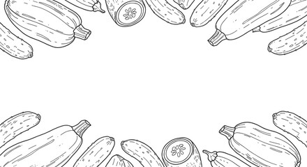 Cucumbers & Zucchini Border, monochrome outline style, World Vegetarian Day concept, healthy eating, natural food, for blogs, recipes, wellness