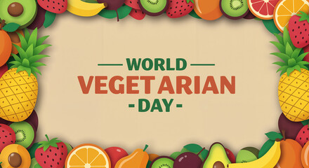 Colorful Fruit Border with Text, vibrant, festive, World Vegetarian Day celebration, healthy eating, natural food, for blogs, social media, event promotions