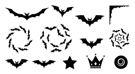 Diverse Black Bat Silhouettes and Halloween Decorative Elements Set