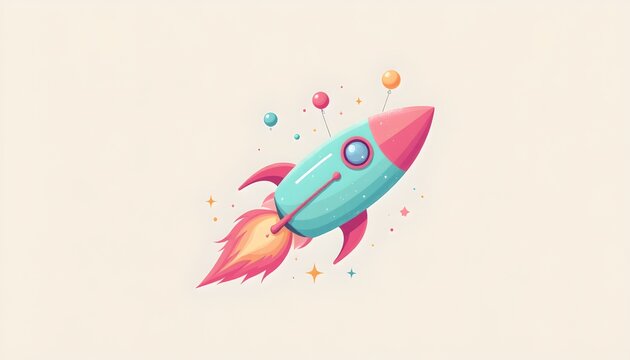 playful flat design depicting a whimsical comet powered rocket with with cosmic balloons and pastel teal and pink palette, centered on white with negative space.
