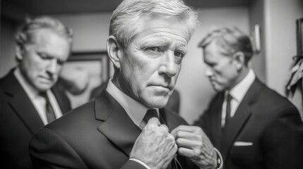 Professional man adjusting tie in sophisticated suit surrounded by focused colleagues in black and white setting emphasizing elegance and confidence