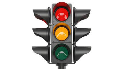 Traffic signal shows red, yellow, and green lights illuminated for traffic control