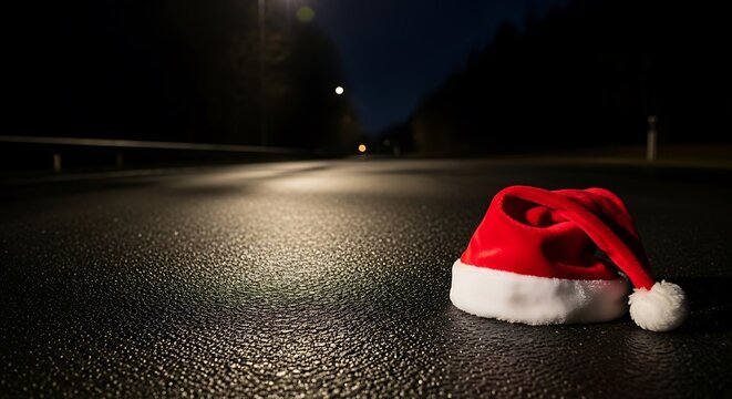 Lost festive spirit: A forgotten santa hat rests on a lonely road at night