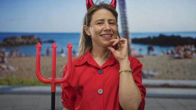 Blonde woman in red shirt with devil horns smiles and holds red trident on street; playful mischief.