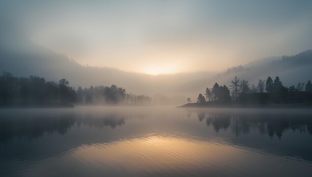 Dreamy morning landscape with fog rolling over still lake reflecting sunrise and silhouettes of trees and mountains - Powered by Adobe