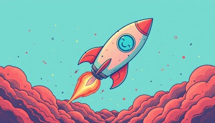 a whimsical art of a whimsical comet powered rocket in turquoise and coral with smiling face on a white background with plenty of space around.