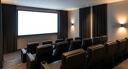 Modern home theater interior with plush seating and a large blank projector screen