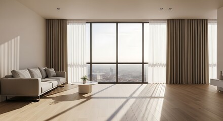 Modern living room interior design with panoramic city view and elegant furnishings