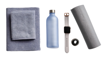 Top down view of yoga mat water bottle towel and fitness accessories on white background